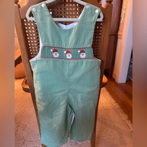 Festive Green Kids Overalls with Santa Embroidery